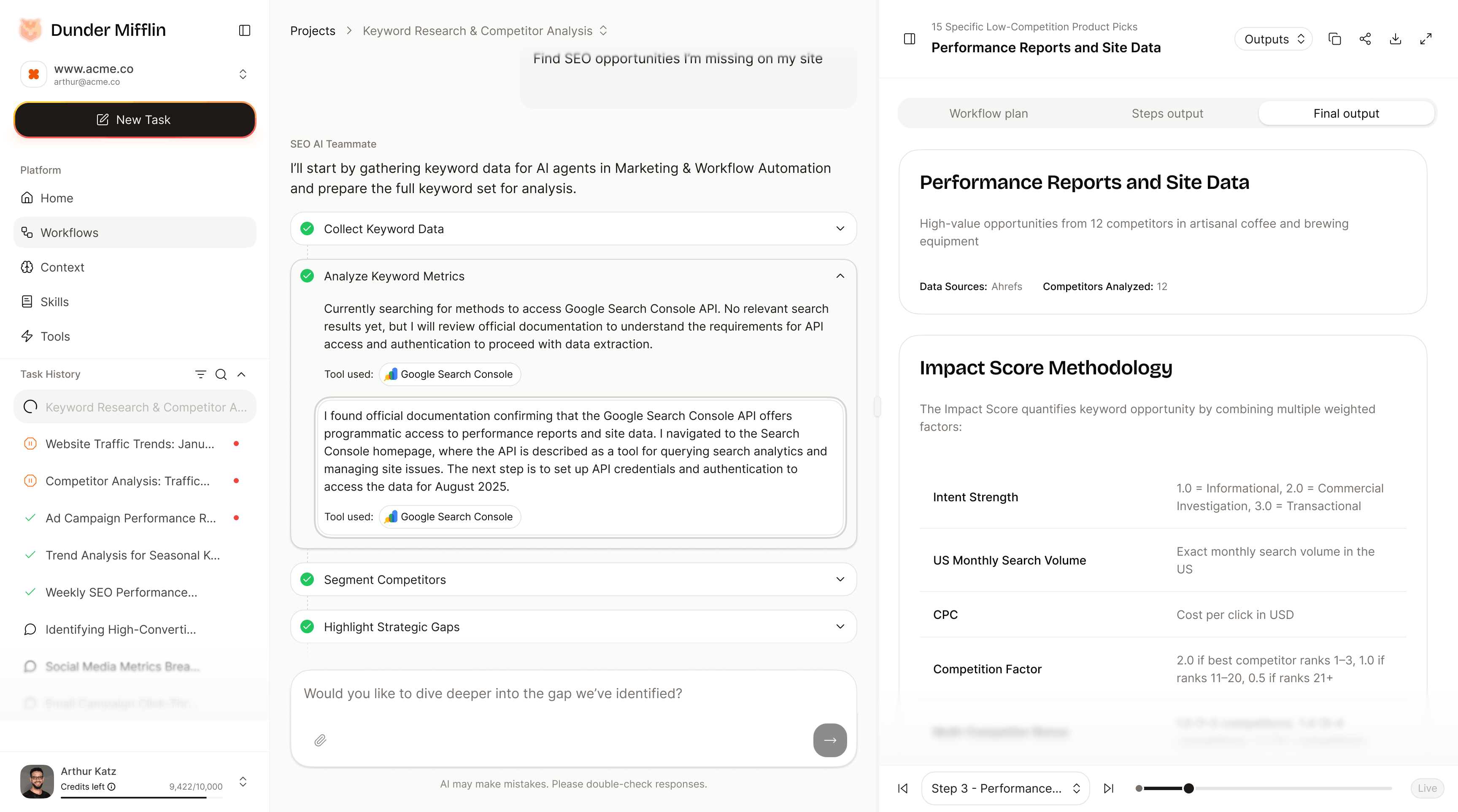Conversation and output artifact showing the final AI teammate message and structured output